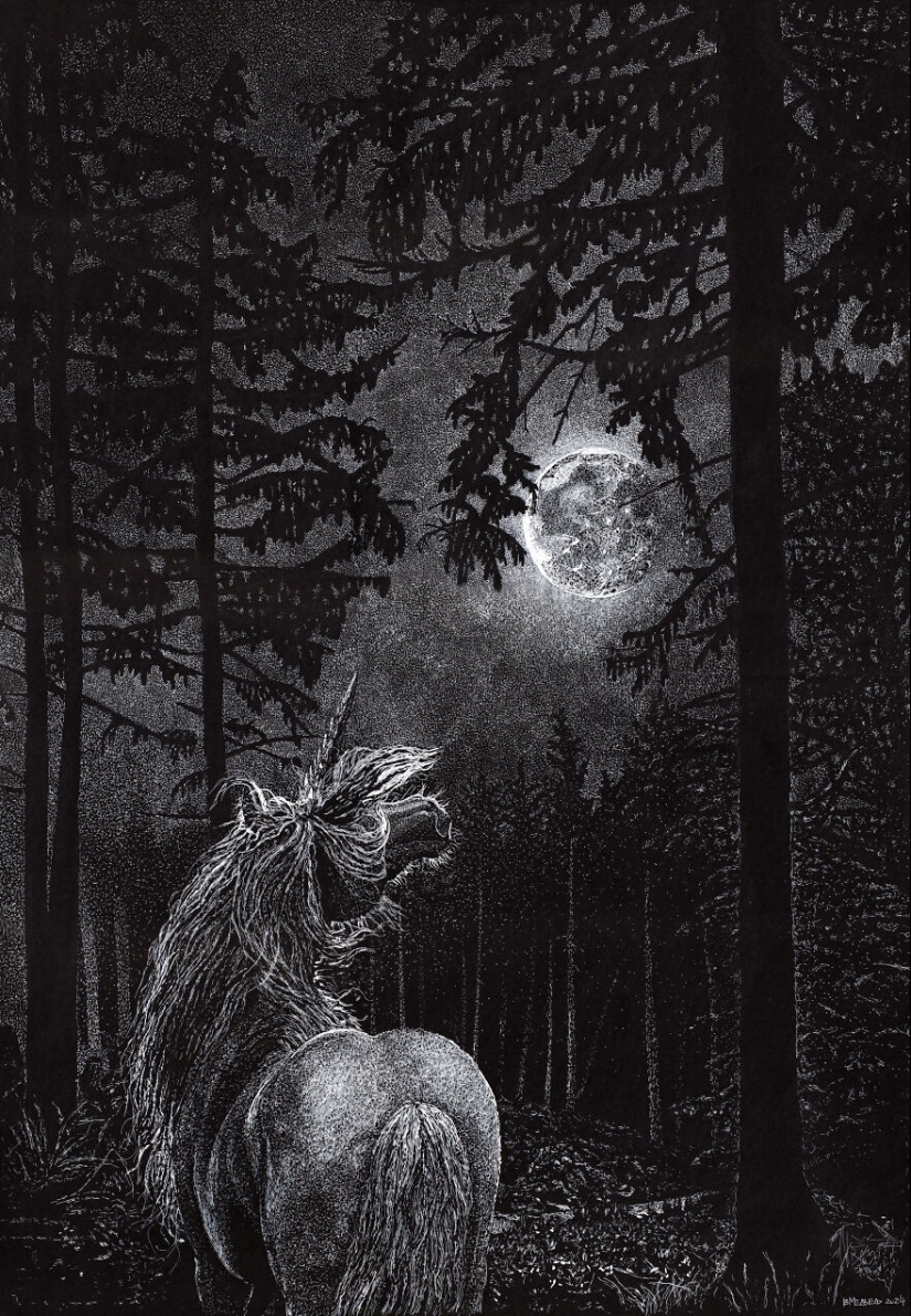 My Daughter Got Me A Black Sketchbook Years Ago, Here Are 23 New White Pen Drawings That I Made