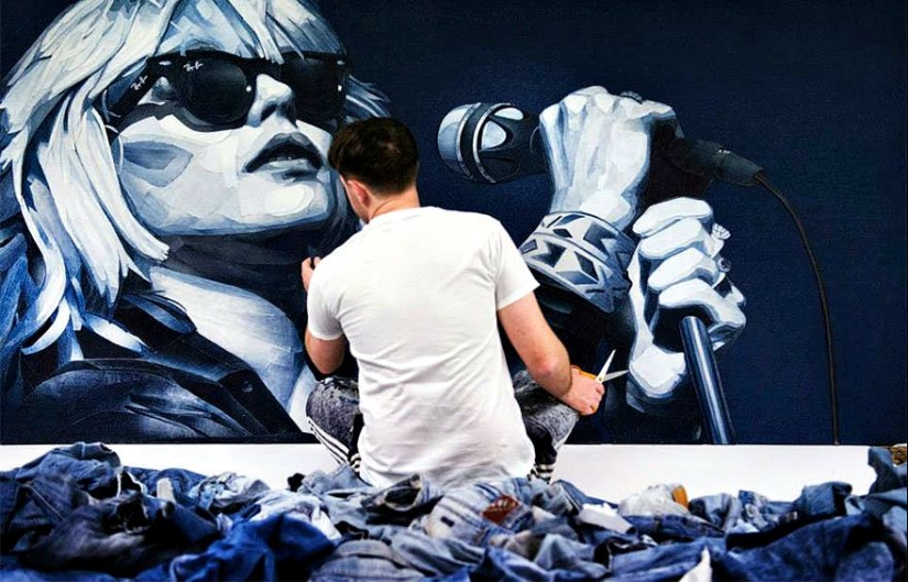 14 realistic portraits of celebrities made of denim
