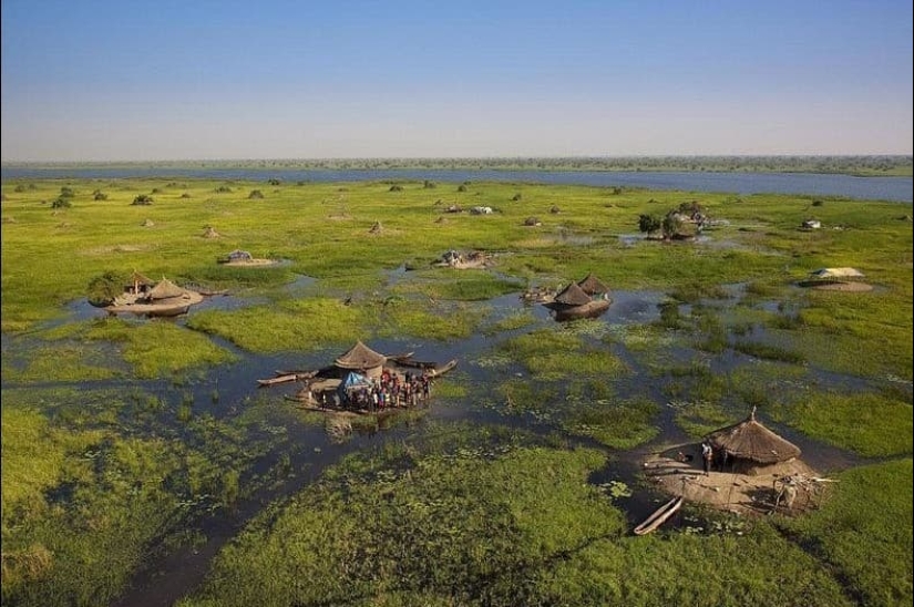 A picturesque village in a swamp in South Sudan A picturesque village in a swamp in South Sudan