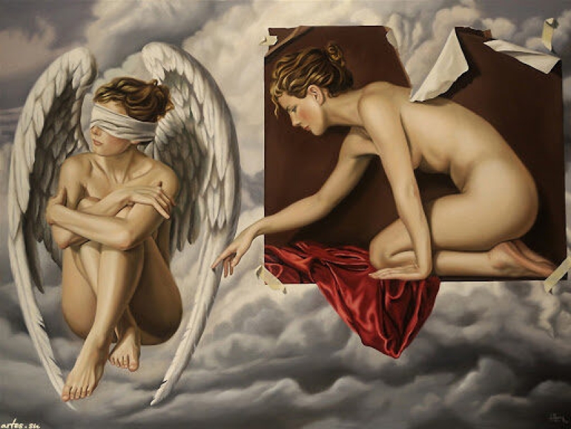 Angelical y terrenal en la pintura del artista surrealista Juan Medina