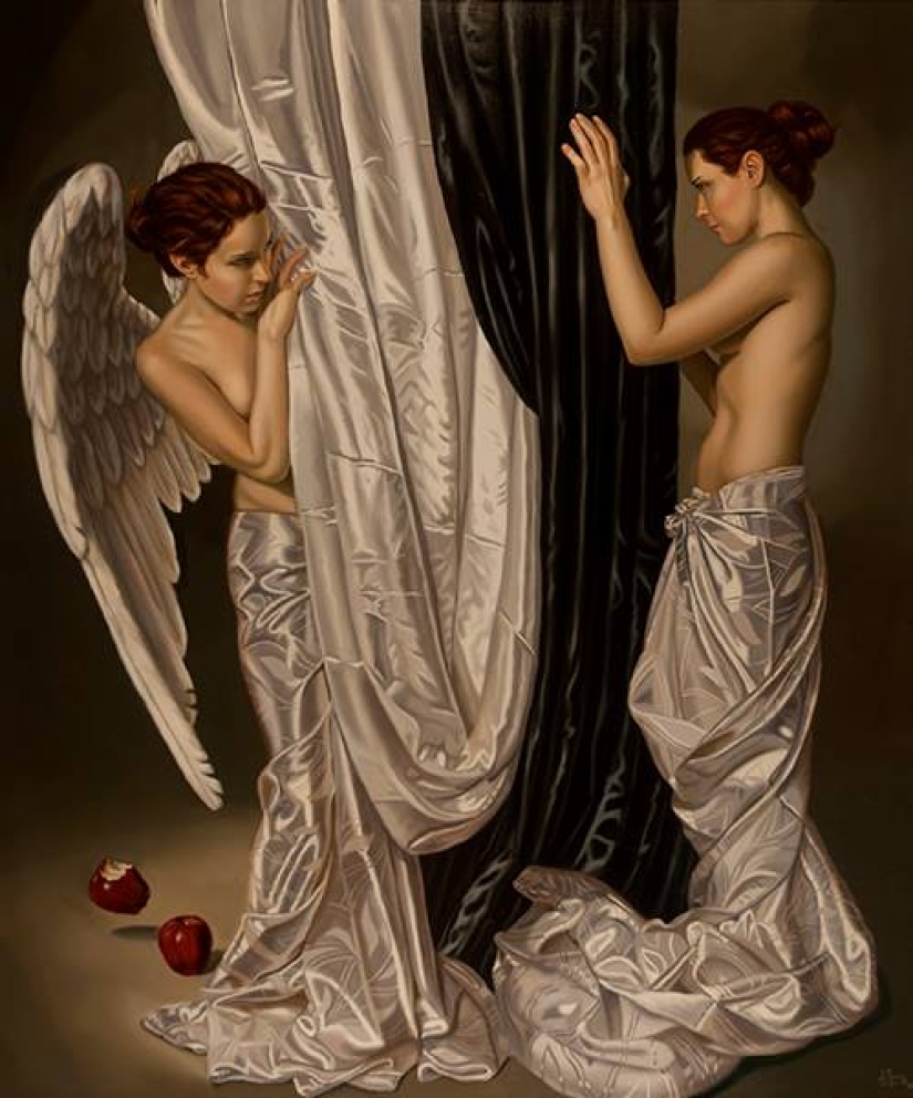 Angelical y terrenal en la pintura del artista surrealista Juan Medina