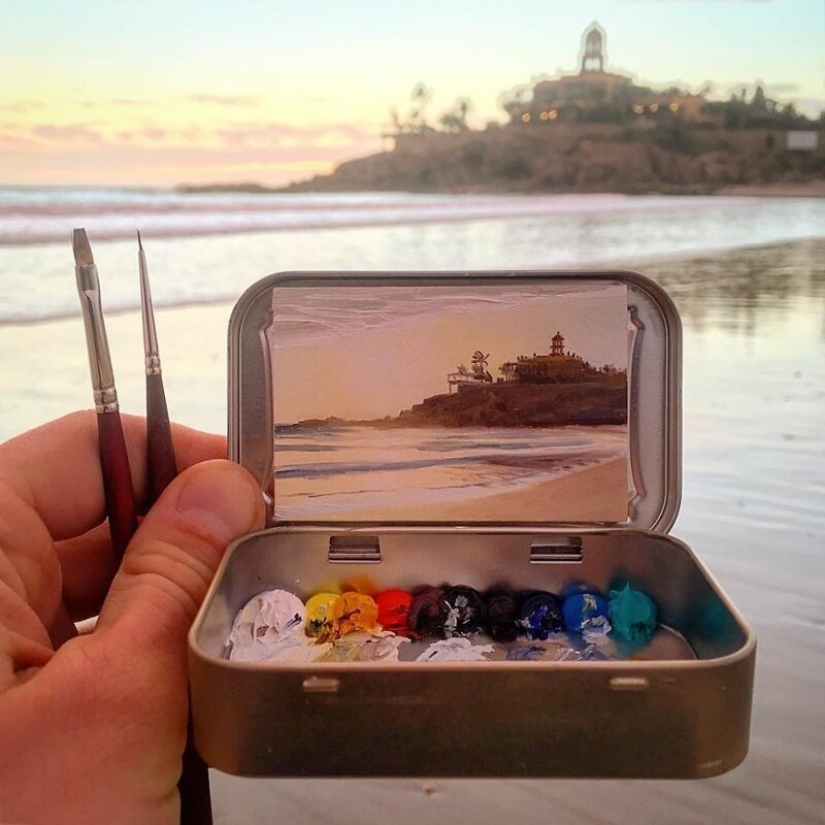 Artist draws the thumbnails of landscapes in the boxes from the candy