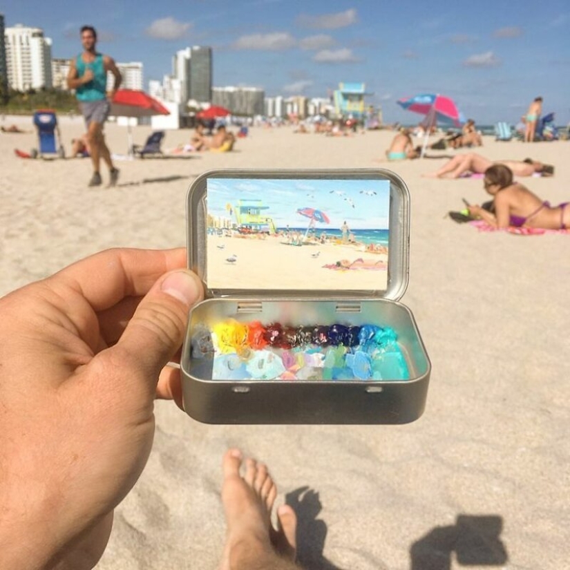 Artist draws the thumbnails of landscapes in the boxes from the candy