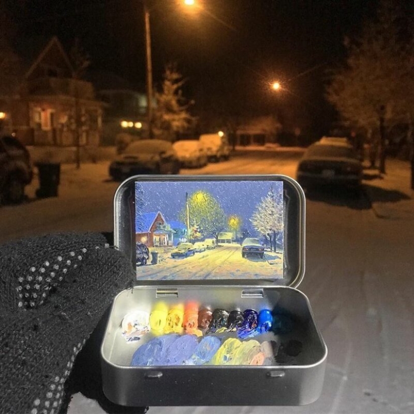 Artist draws the thumbnails of landscapes in the boxes from the candy