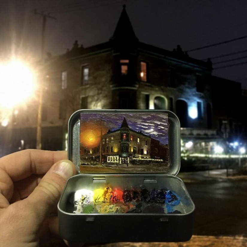 Artist draws the thumbnails of landscapes in the boxes from the candy