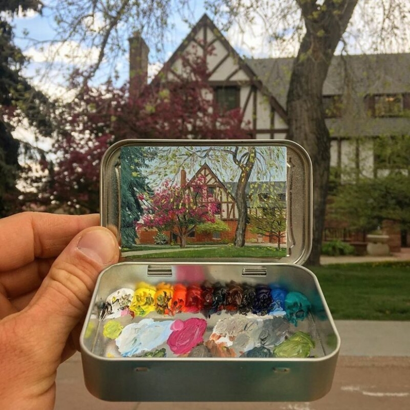 Artist draws the thumbnails of landscapes in the boxes from the candy
