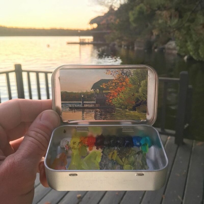 Artist draws the thumbnails of landscapes in the boxes from the candy
