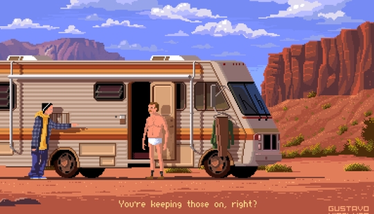 Artista vuelve a dibujar las imágenes fijas de la serie de TELEVISIÓN en el estilo de los antiguos juegos de ordenador Artista vuelve a dibujar las imágenes fijas de la serie de TELEVISIÓN en el estilo de los antiguos juegos de ordenador