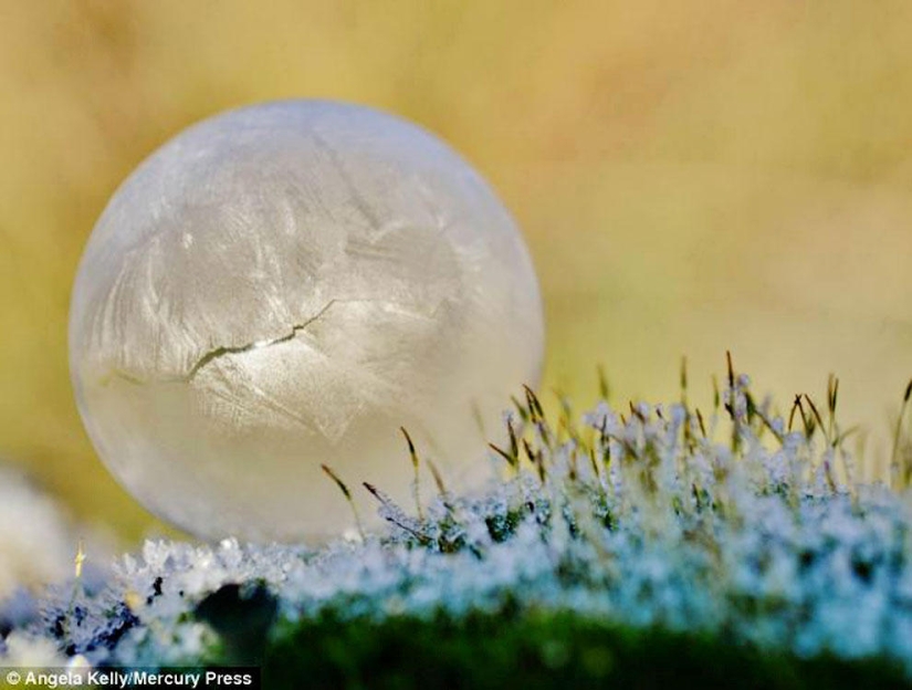 Crystal balls — a girl photographs soap bubbles in the cold