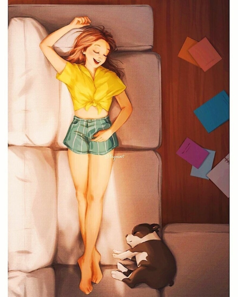 Cute drawings of a girl under the nickname Peijin about how animals improve our lives