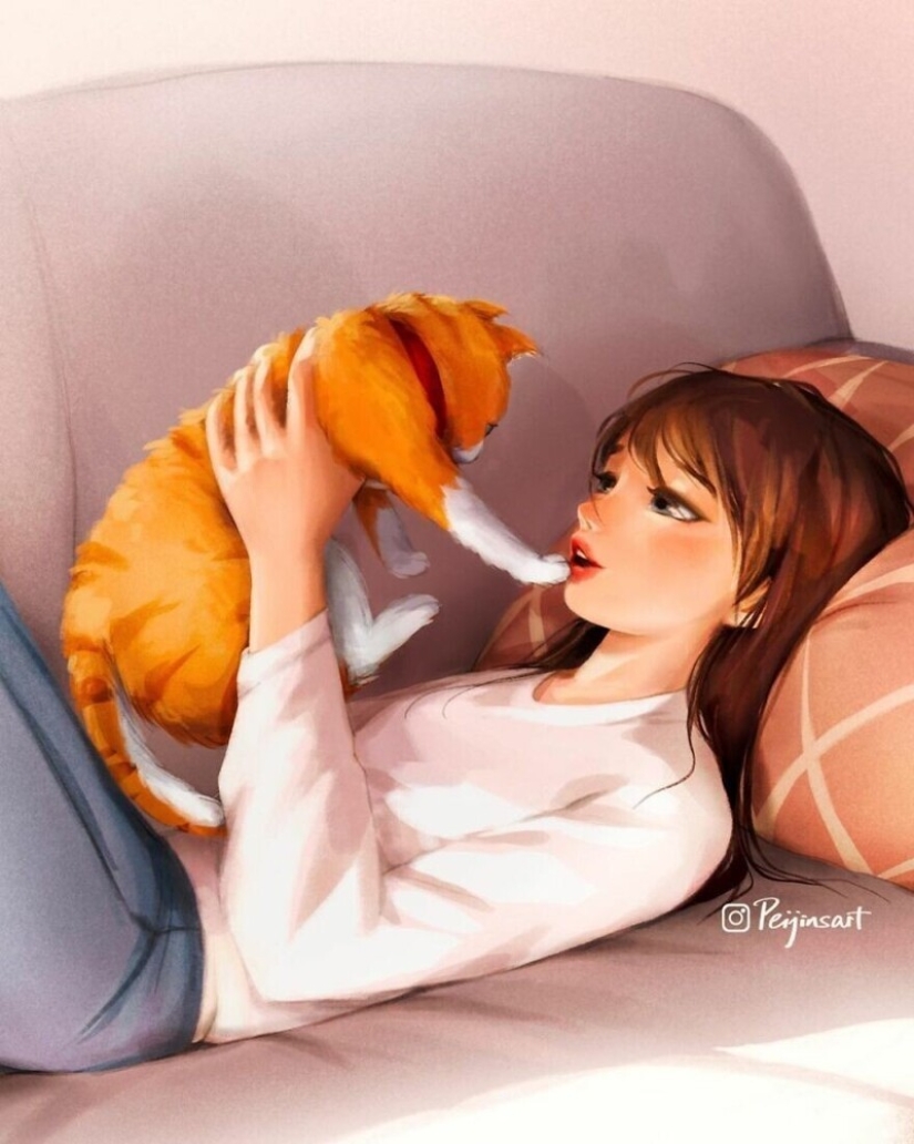 Cute drawings of a girl under the nickname Peijin about how animals improve our lives