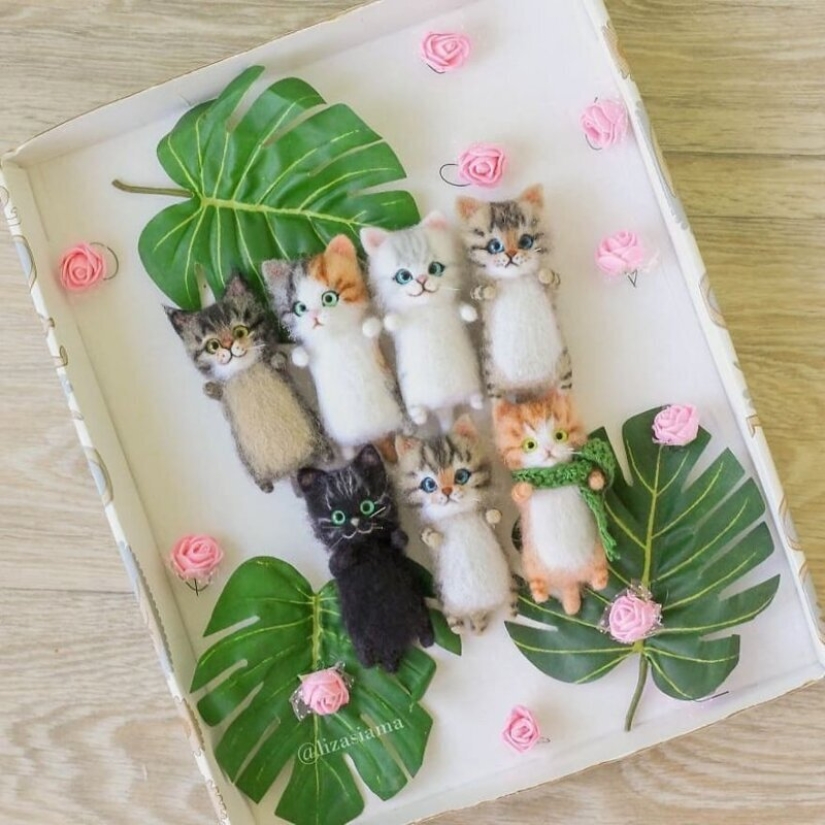 Cute kittens made of felt from the needlewoman Elizabeth Delektorskaya