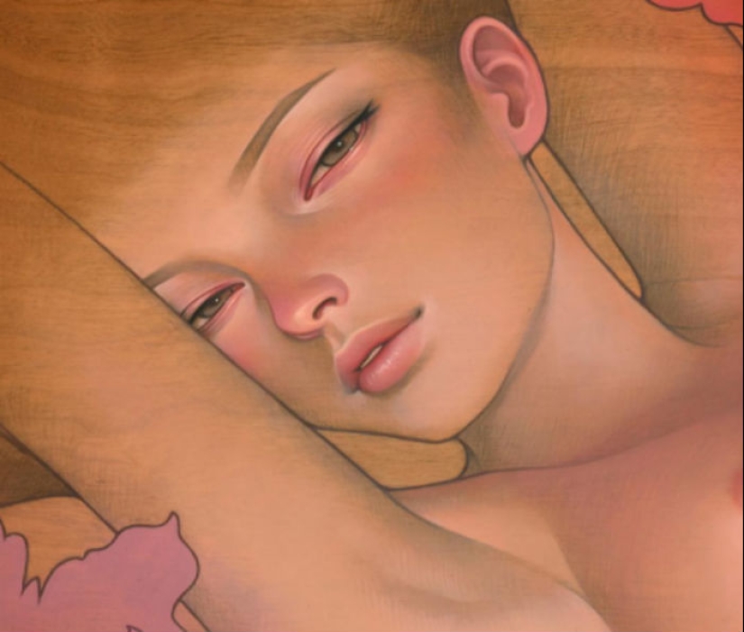 Delicadas y seductoras pinturas en madera de Audrey Kawasaki