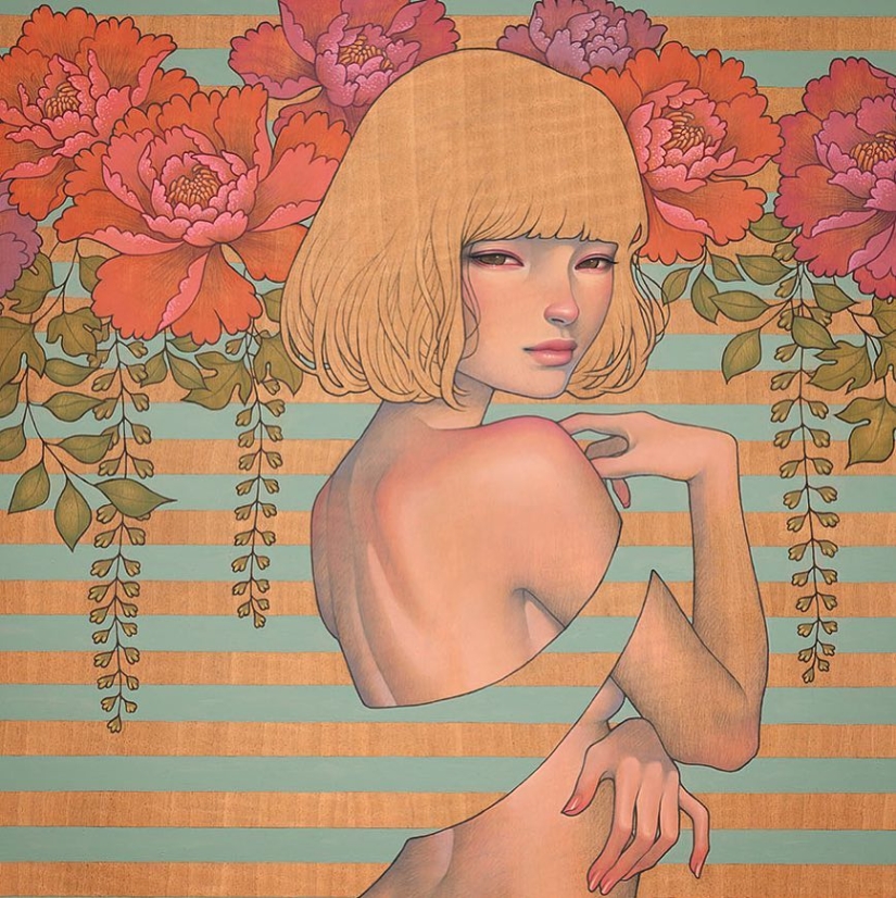 Delicadas y seductoras pinturas en madera de Audrey Kawasaki