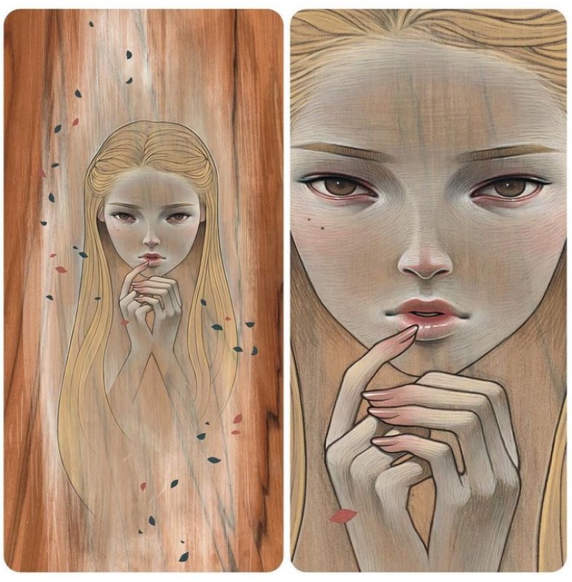 Delicadas y seductoras pinturas en madera de Audrey Kawasaki