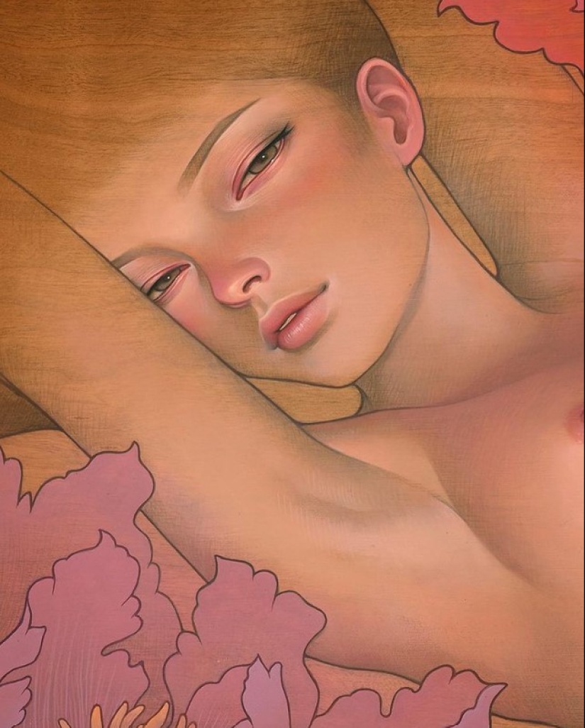 Delicadas y seductoras pinturas en madera de Audrey Kawasaki