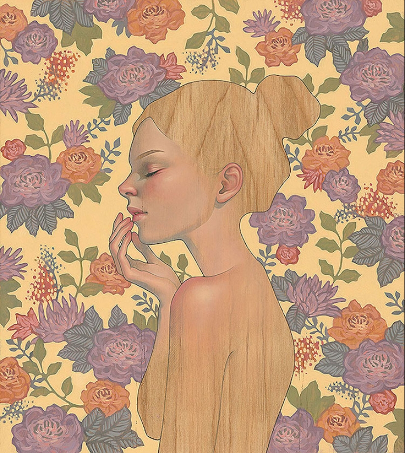 Delicadas y seductoras pinturas en madera de Audrey Kawasaki