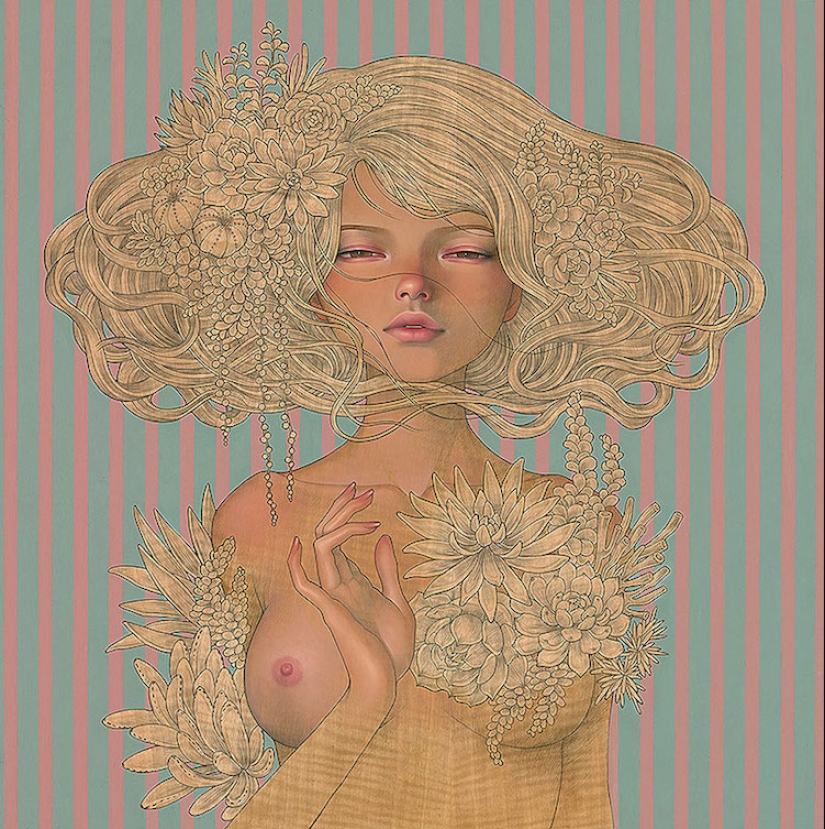 Delicadas y seductoras pinturas en madera de Audrey Kawasaki