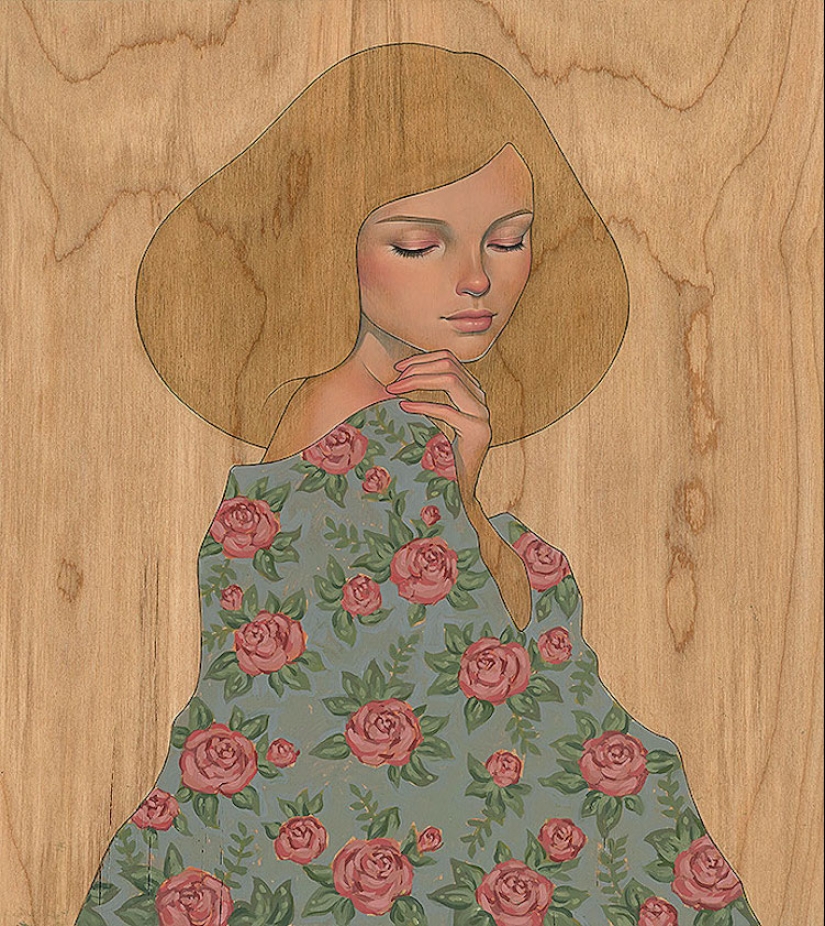 Delicadas y seductoras pinturas en madera de Audrey Kawasaki