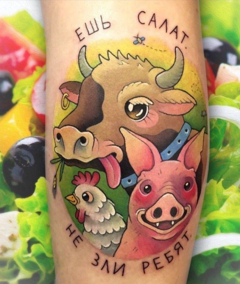 "Eat your salad — don't mess with guys": what is a tattoo cover themselves vegans "Eat your salad — don't mess with guys": what is a tattoo cover themselves vegans