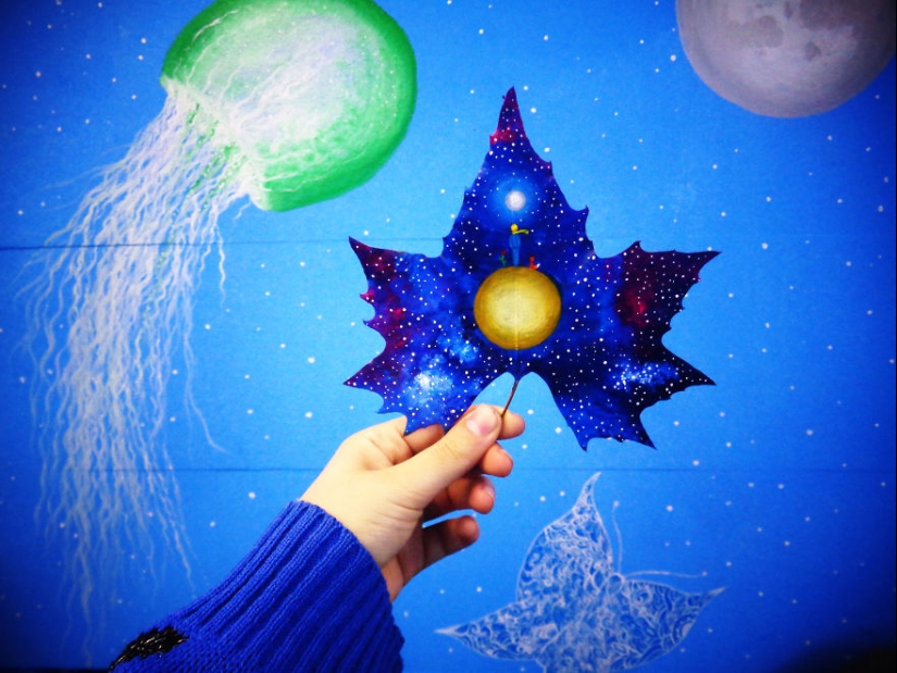 Fantastic worlds on dry maple leaves Fantastic worlds on dry maple leaves