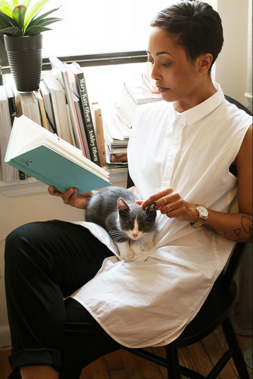 Girl, sheltered homeless cats