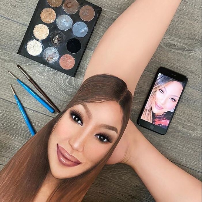 Ilusión óptica sobre su propio cuerpo y de la genialidad de maquillaje Mimi Choi Ilusión óptica sobre su propio cuerpo y de la genialidad de maquillaje Mimi Choi