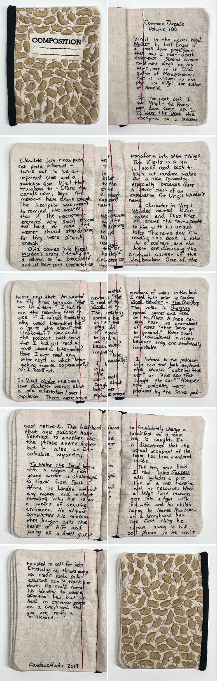 Impresionante tela bordada que imita libros y cuadernos, por Candace Hicks
