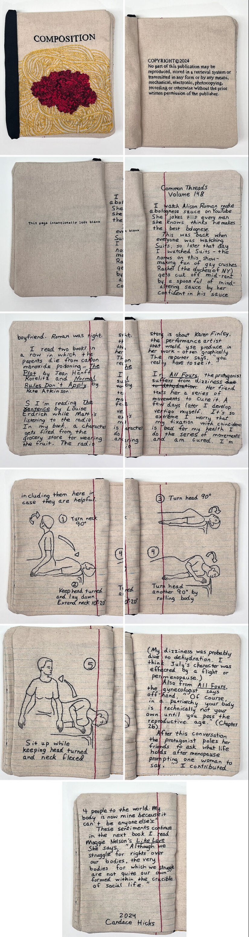 Impresionante tela bordada que imita libros y cuadernos, por Candace Hicks