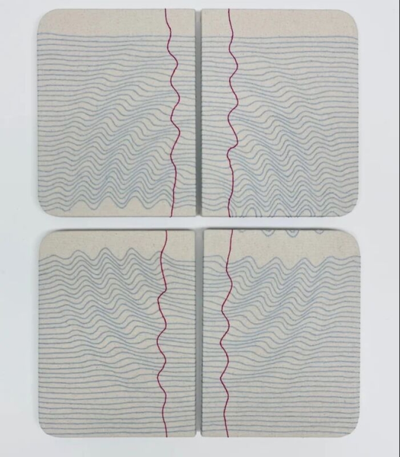 Impresionante tela bordada que imita libros y cuadernos, por Candace Hicks