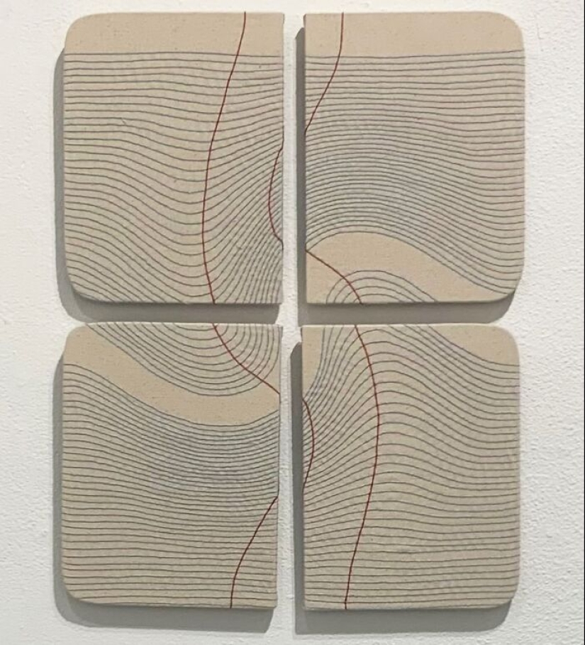 Impresionante tela bordada que imita libros y cuadernos, por Candace Hicks