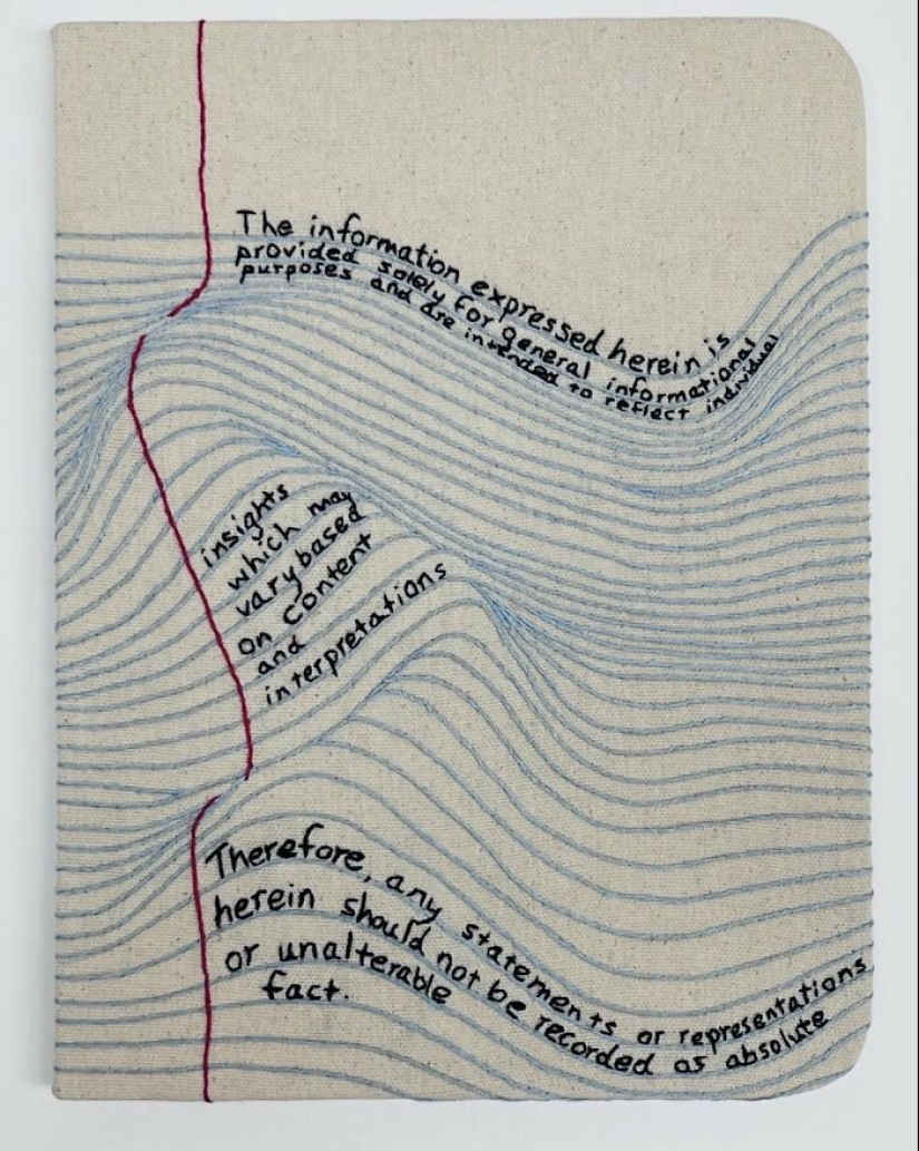 Impresionante tela bordada que imita libros y cuadernos, por Candace Hicks