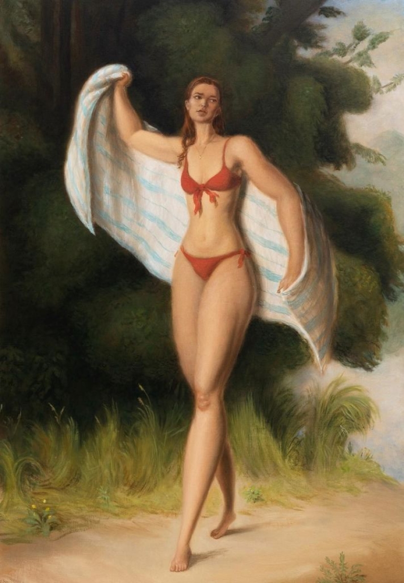 Ironic paintings by Jansson Stegner: massive beauties against thin guys Ironic paintings by Jansson Stegner: massive beauties against thin guys