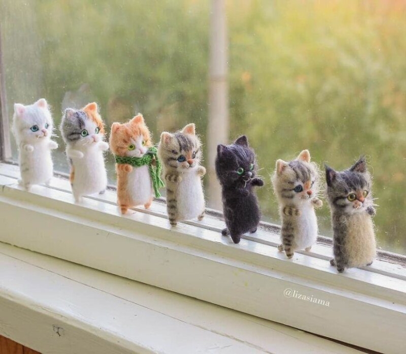 Lindos gatitos hechos de fieltro de la costurera Elizabeth Delektorskaya