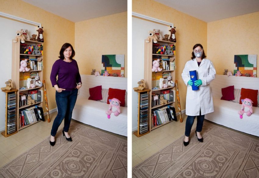 People in casual clothes and work uniforms People in casual clothes and work uniforms