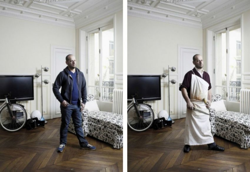 People in casual clothes and work uniforms People in casual clothes and work uniforms