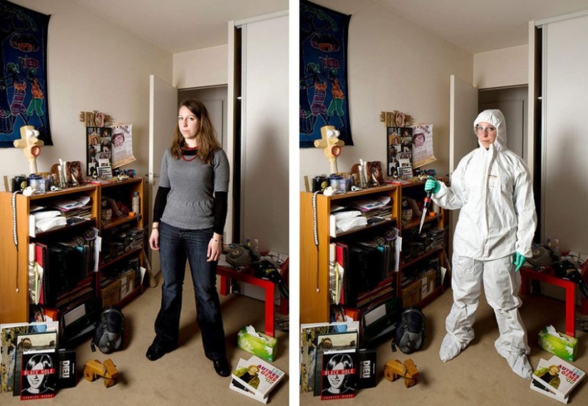 People in casual clothes and work uniforms People in casual clothes and work uniforms