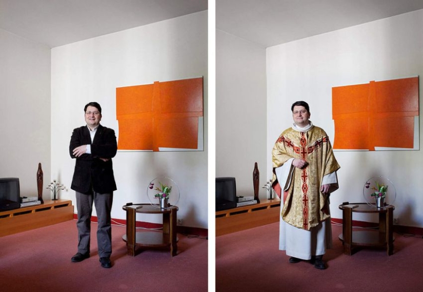 Personas con ropa informal y uniformes de trabajo