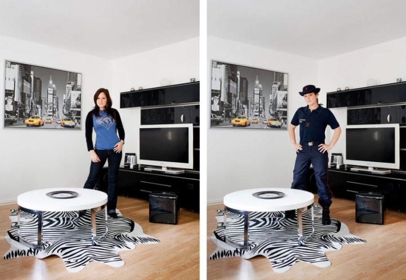 Personas con ropa informal y uniformes de trabajo