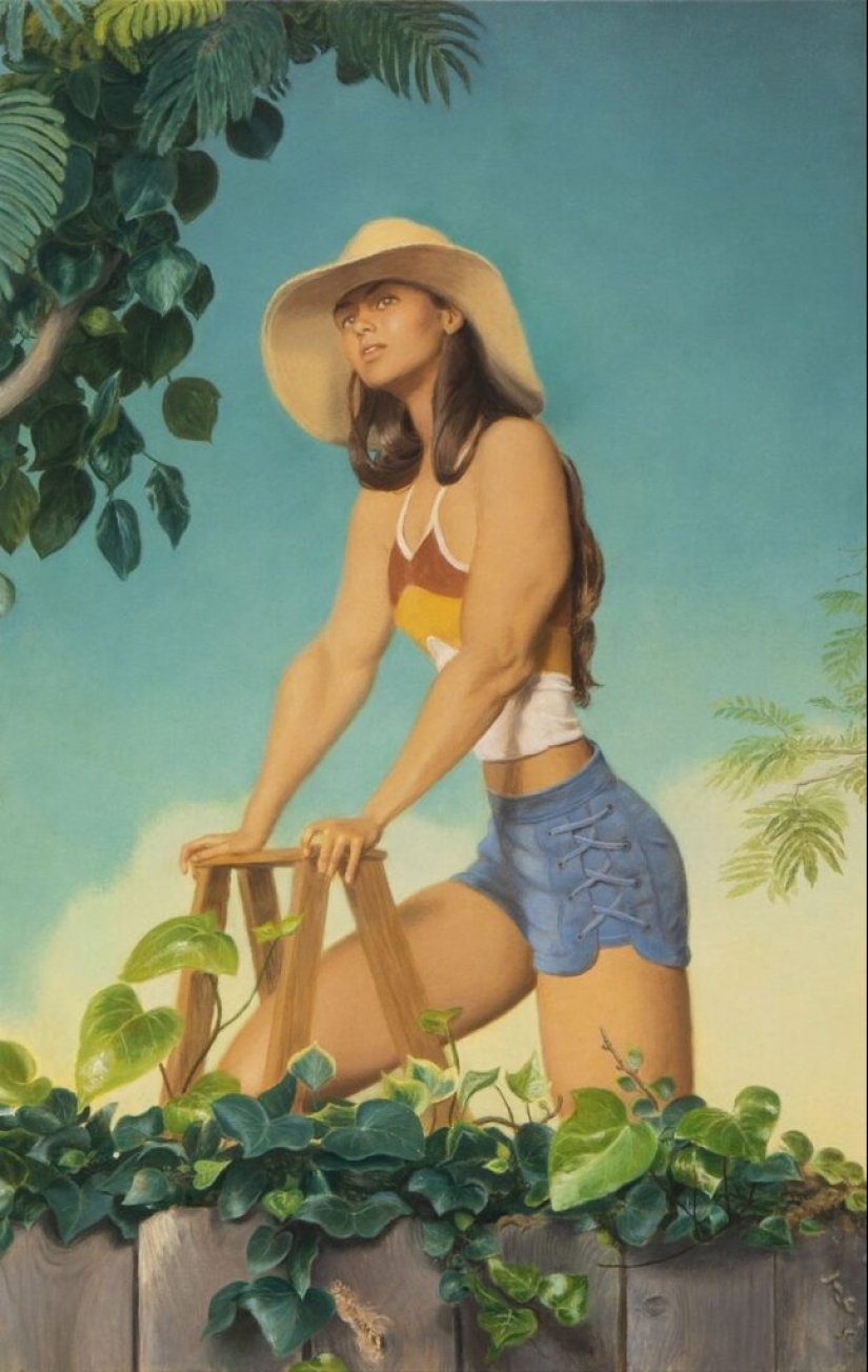 Pinturas irónicas de Jansson Stegner: bellezas enormes frente a chicos delgados