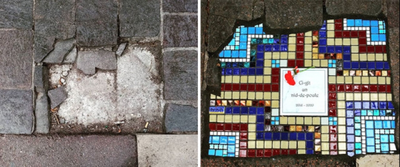 Road surgeon from Lyon: Street artist patches potholes with mosaics Road surgeon from Lyon: Street artist patches potholes with mosaics