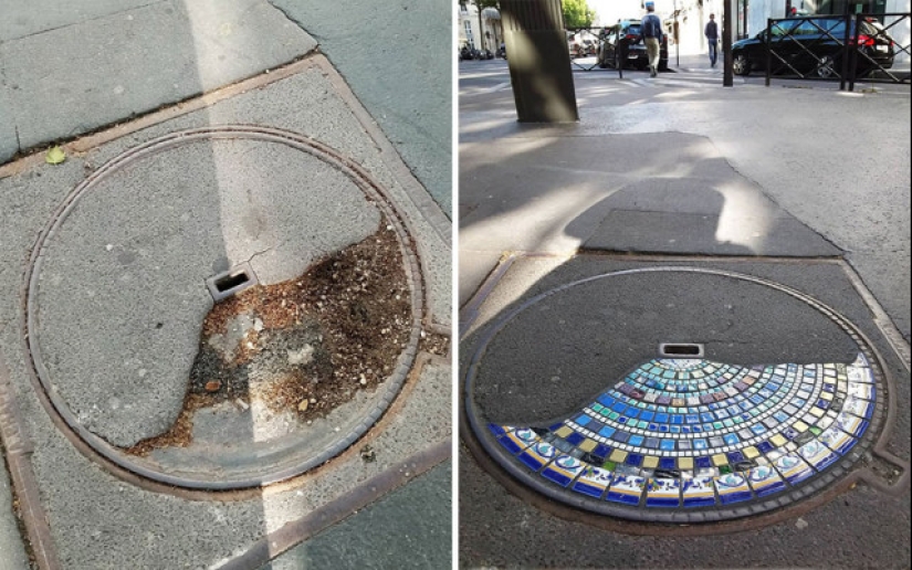 Road surgeon from Lyon: Street artist patches potholes with mosaics Road surgeon from Lyon: Street artist patches potholes with mosaics