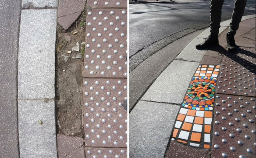 Road surgeon from Lyon: Street artist patches potholes with mosaics Road surgeon from Lyon: Street artist patches potholes with mosaics