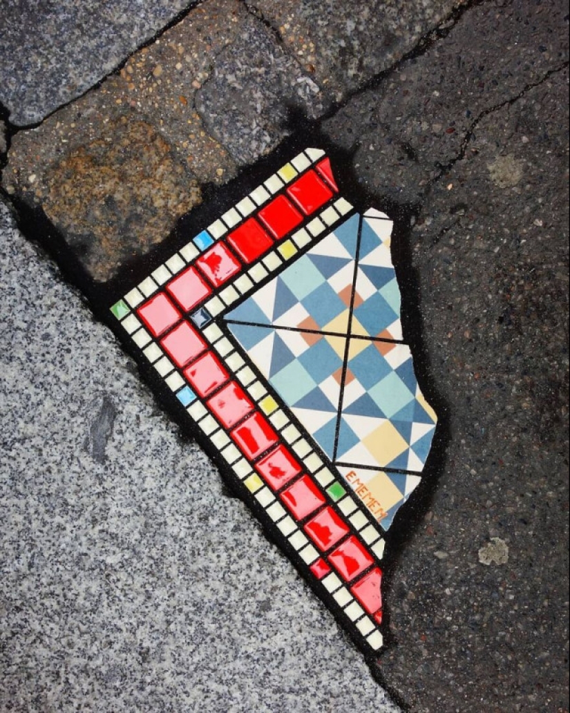 Road surgeon from Lyon: Street artist patches potholes with mosaics Road surgeon from Lyon: Street artist patches potholes with mosaics