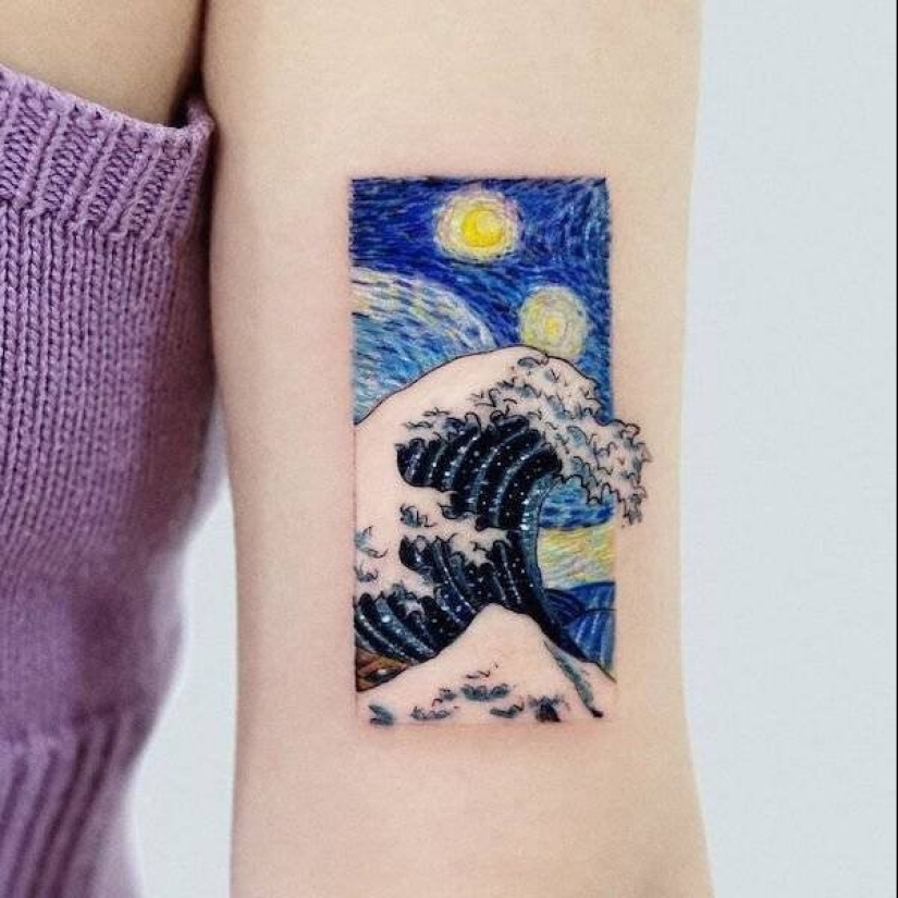 Tattoos of Hakan Adik, combining famous paintings and pop culture characters