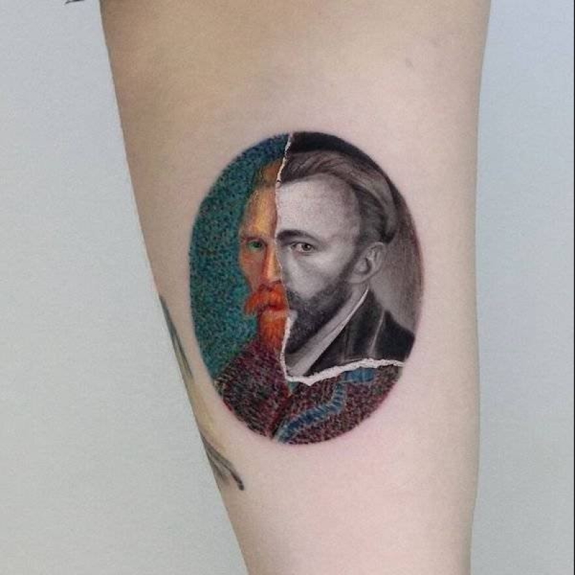 Tattoos of Hakan Adik, combining famous paintings and pop culture characters