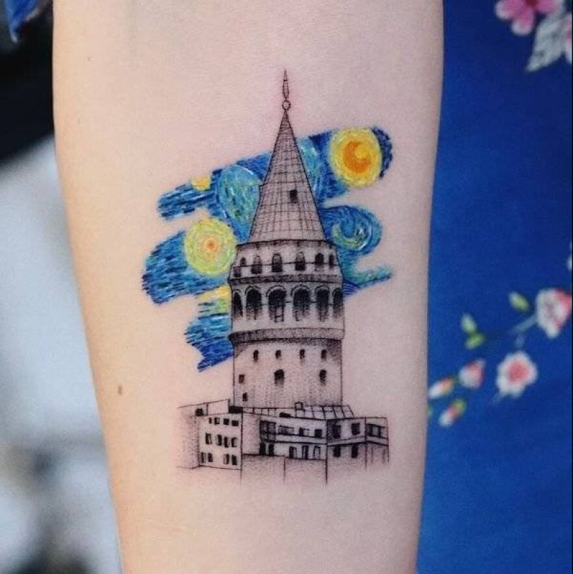 Tattoos of Hakan Adik, combining famous paintings and pop culture characters