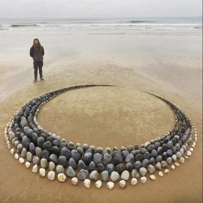The artist creates the mood of their stunning works from the stones on the beach