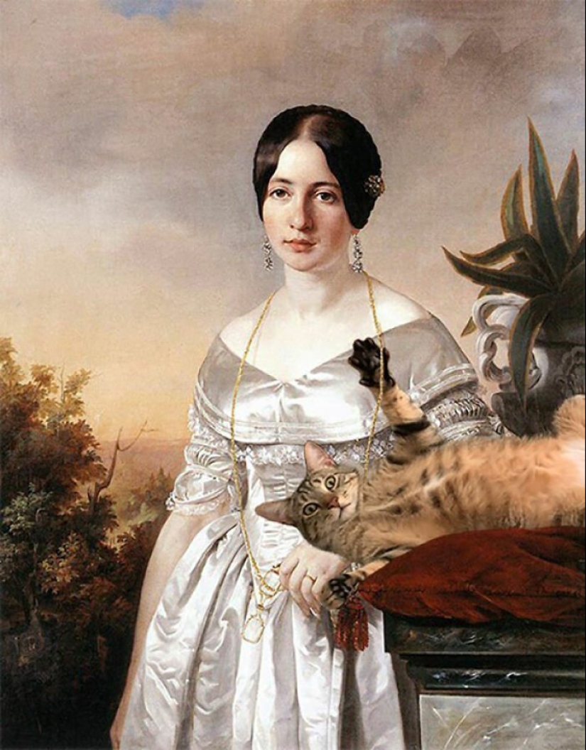 The artist made the paintings of the old masters even better by adding cats there The artist made the paintings of the old masters even better by adding cats there