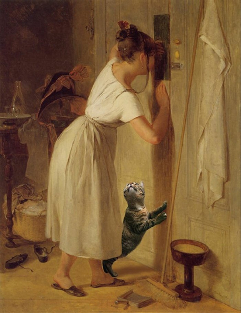 The artist made the paintings of the old masters even better by adding cats there The artist made the paintings of the old masters even better by adding cats there